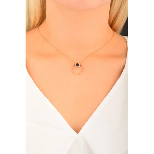 Cebeci 14 Ayar Lacivert Altıgen Rose Altın Kolye