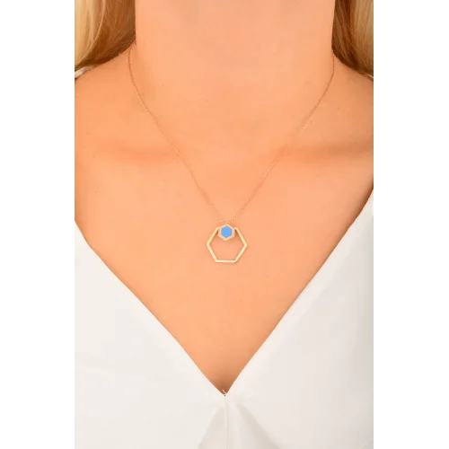 Cebeci 14 Ayar Mavi Altıgen Rose Altın Kolye