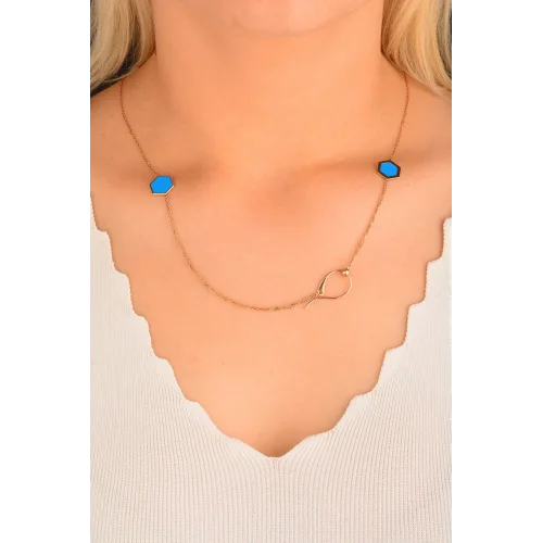 Cebeci 14 Ayar Mavi Altıgen Rose Altın Kolye