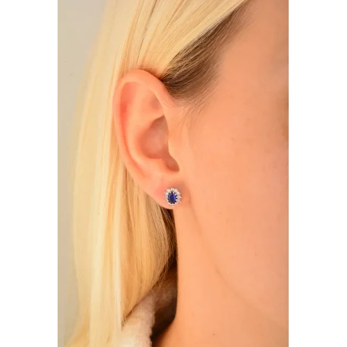 Cebeci 14 Ayar Mavi Taşlı Set Altın Küpe