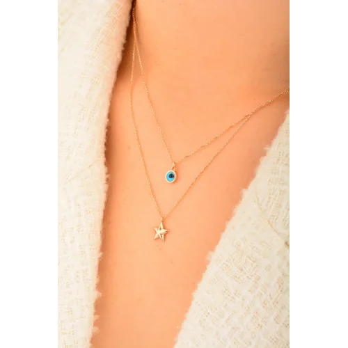 Cebeci 14 Ayar Rose Yıldız Göz Boncuklu Altın Kolye