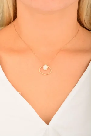 Cebeci 14 Ayar Beyaz Oval Rose Altın Kolye