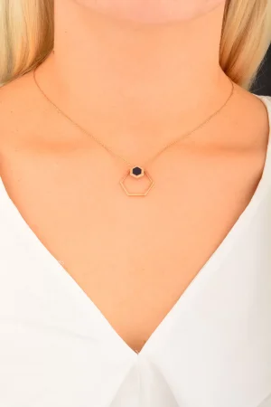 Cebeci 14 Ayar Lacivert Altıgen Rose Altın Kolye