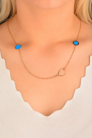 Cebeci 14 Ayar Mavi Altıgen Rose Altın Kolye