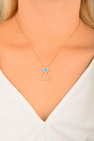 Cebeci 14 Ayar Mavi Üçgen Rose Altın Kolye