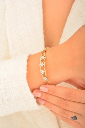 Cebeci 14 Ayar Papatyalı Kelepçeli Beyaz Altın Bilezik