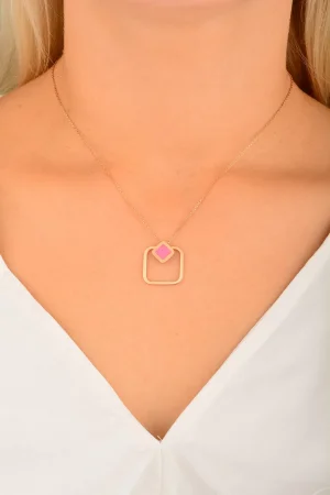 Cebeci 14 Ayar Pembe Kare Rose Altın Kolye