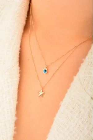 Cebeci 14 Ayar Rose Yıldız Göz Boncuklu Altın Kolye