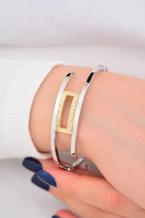 Cebeci 14 Ayar Taşlı Kelepçeli Beyaz Altın Bilezik