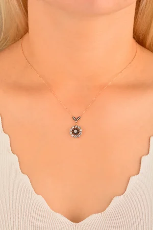 Cebeci 14 Ayar Rose Taşlı Çiçek Altın Kolye