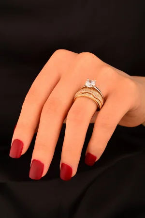 Tek Taş Taşlı Alyans 2 Li Altın Yüzük