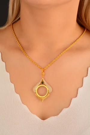 Cebeci 14 Ayar Yeşil Taşlı Çerçeveli Altın Kolye Ucu