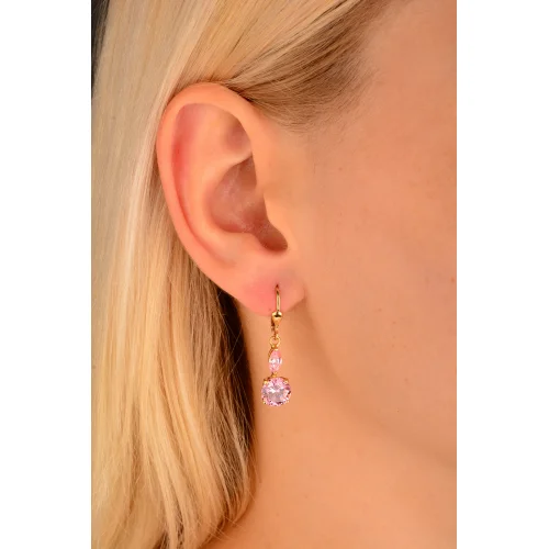 Cebeci 14 Ayar Pembe Taşlı Altın Küpe