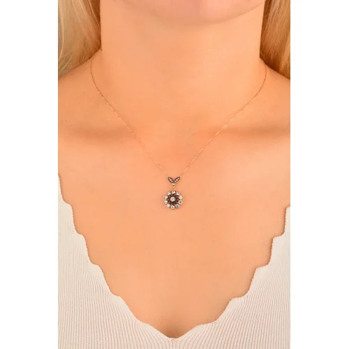 Cebeci 14 Ayar Rose Taşlı Çiçek Altın Kolye