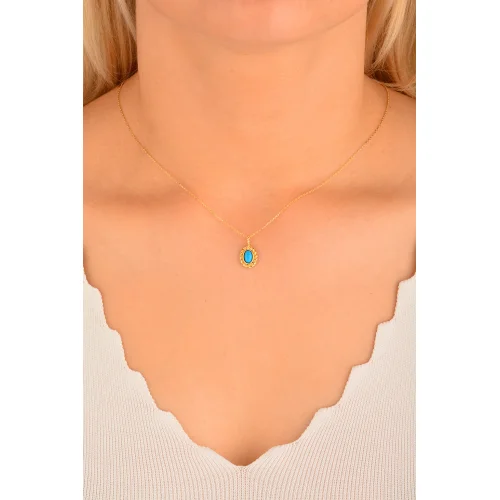 Cebeci 14 Ayar Mavi Taşlı Madalyon Kolye