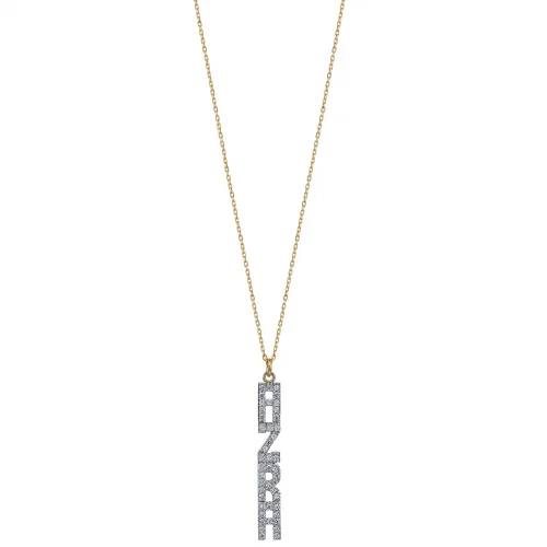 Taşlı Dikey İsim Altın Kolye