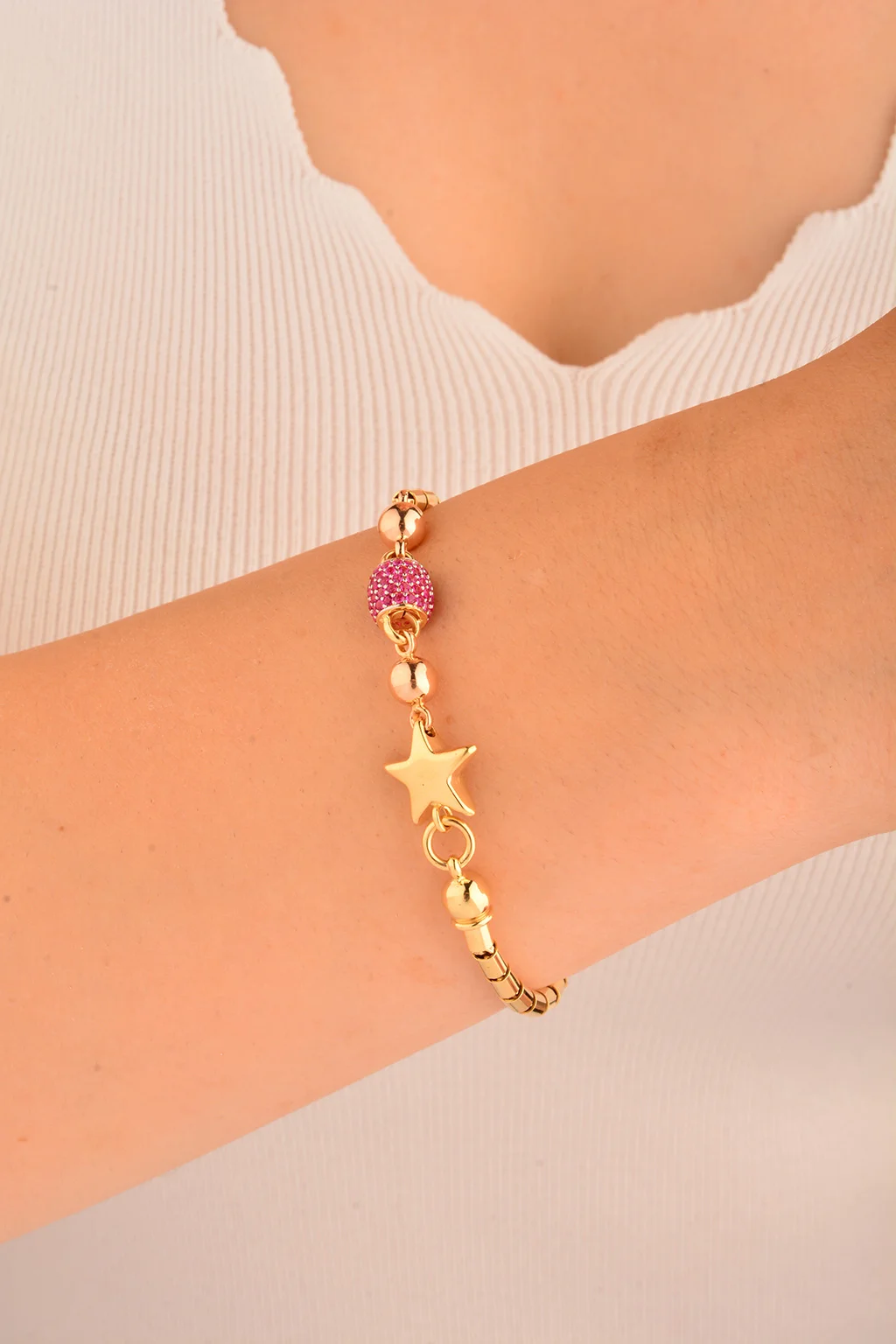 Cebeci 14 Ayar Yıldızlı Top Altın Bileklik