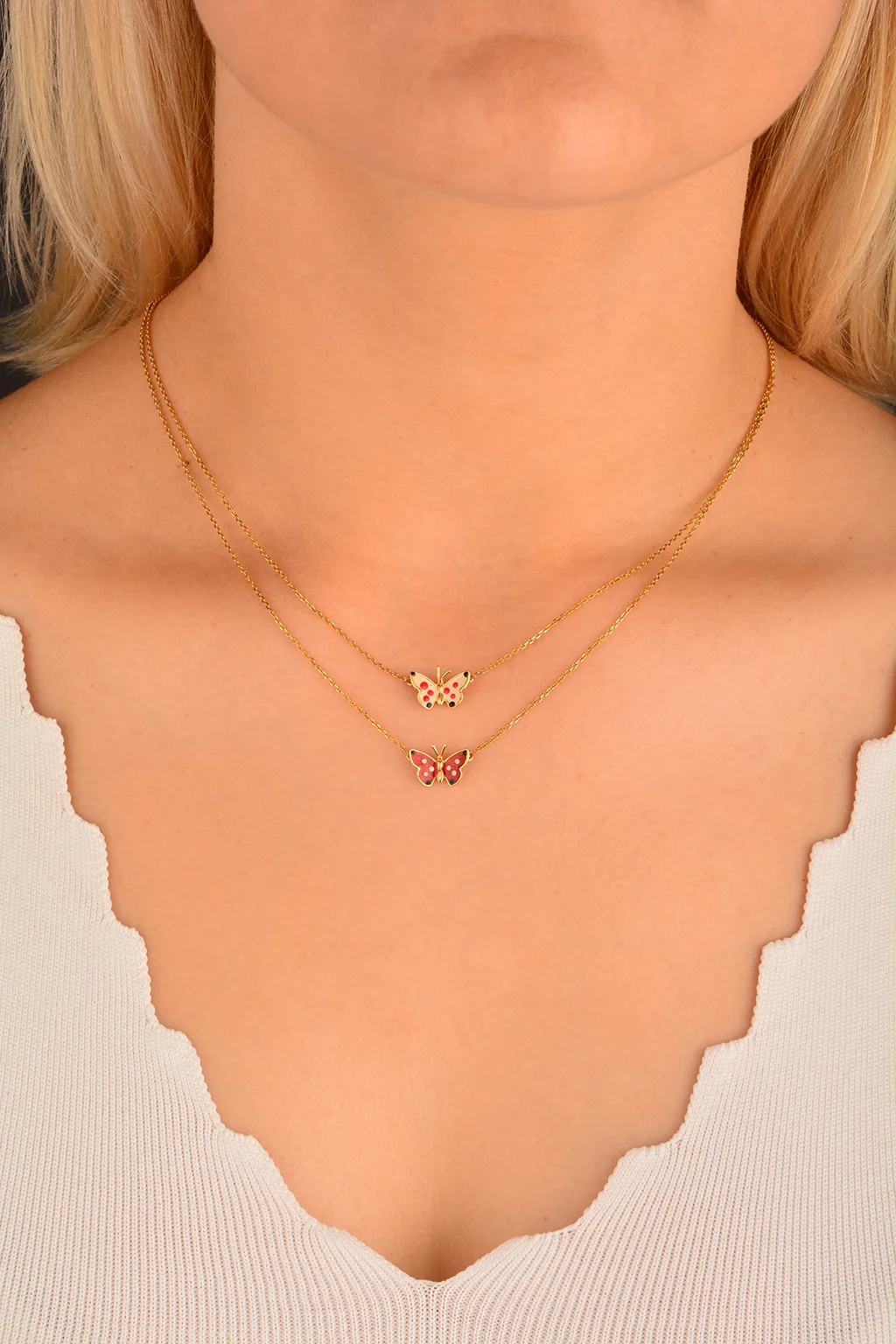 Cebeci 14 Ayar Çift Kelebekli Altın Kolye