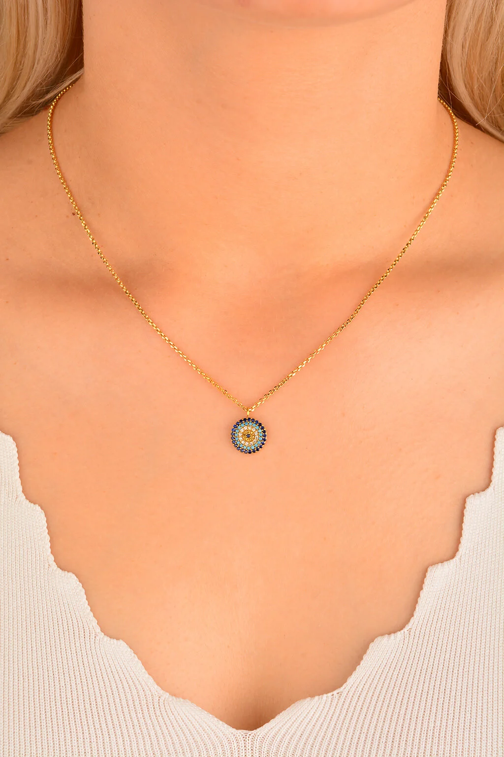 Cebeci 14 Ayar Nazarlı Taşlı Altın Kolye