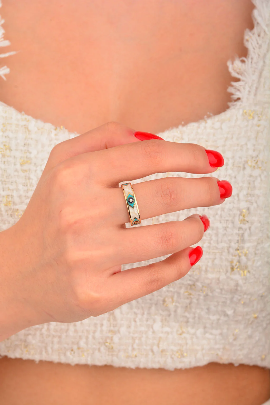 Cebeci 14 Ayar Renkli Sedefli Altın Yüzük