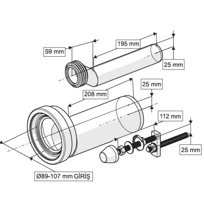 GÖMME REZERVUAR EKSANTRİK ASMA KLOZET MONTAJ KİTİ - 25 mm KAÇIK