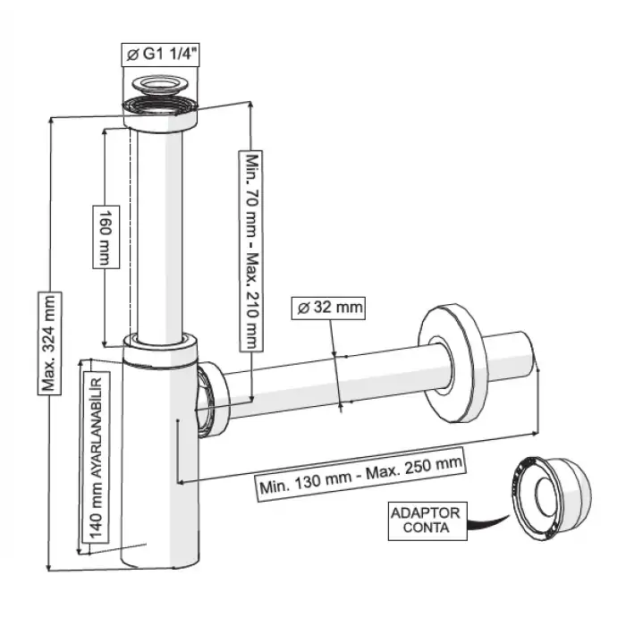 MOON AYARLANABİLİR SİFON - MAT SİYAH - ABS (MAX. 250 mm)