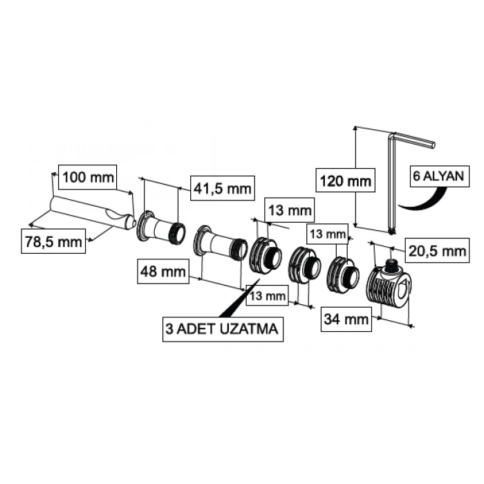 ASMA KLOZET GİZLİ MONTAJ SETİ T1 - ÜSTTEN MONTAJ + 3 UZATMALI + SABİTLEME BORULU