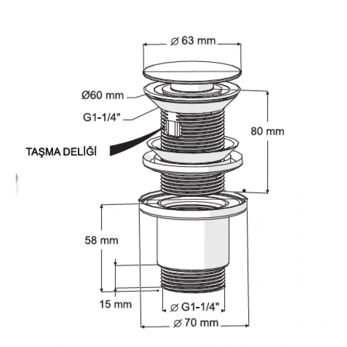 FELİX POP UP - 304 PASLANMAZ ÇELİK BAŞLIK (TAŞMA DELİKLİ - ABS GÖVDE)