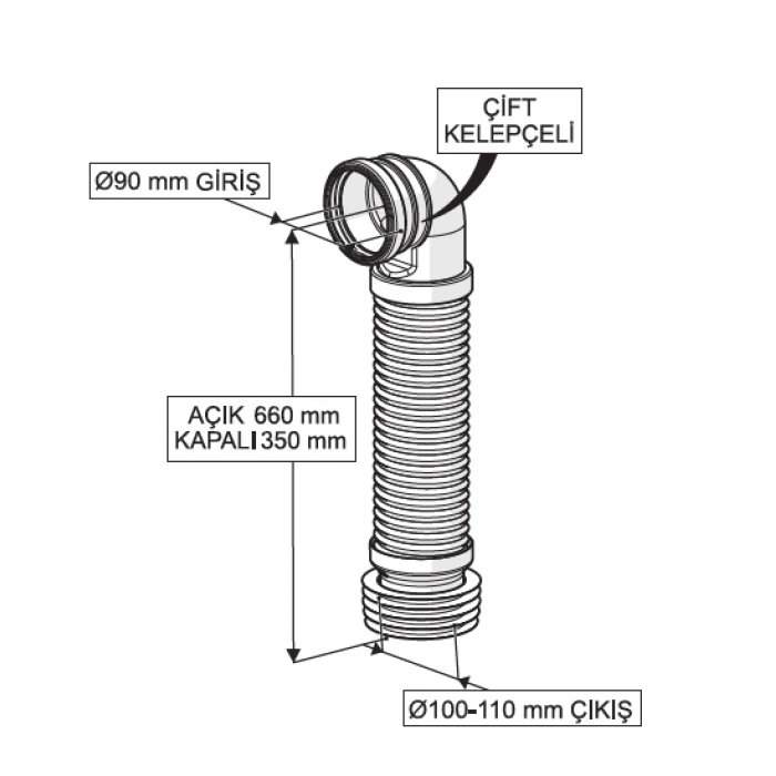 GÖMME REZERVUAR ÇİFT KELEPÇELİ KÖRÜKLÜ PİS SU ÇIKIŞ DİRSEĞİ (Q90X660 mm)