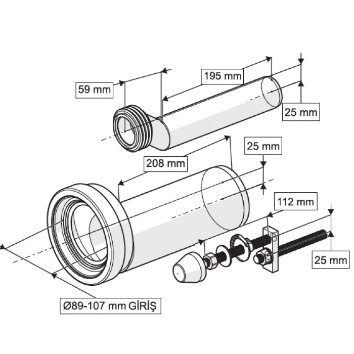 GÖMME REZERVUAR EKSANTRİK ASMA KLOZET MONTAJ KİTİ - 25 mm KAÇIK