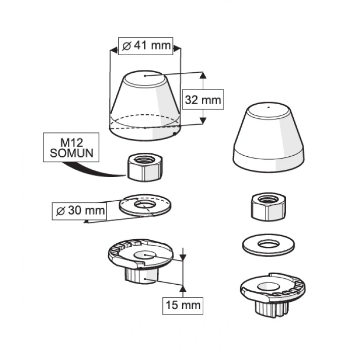 GÖMME REZERVUAR KADA SETİ + M12 KONİK BURÇ VE TAPA ( Q90X350 + Q45X310 mm )