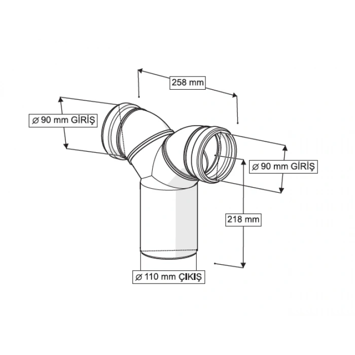 GÖMME REZERVUAR PİS SU ÇATAL DİRSEĞİ (Q90-90-110 X 260 mm)