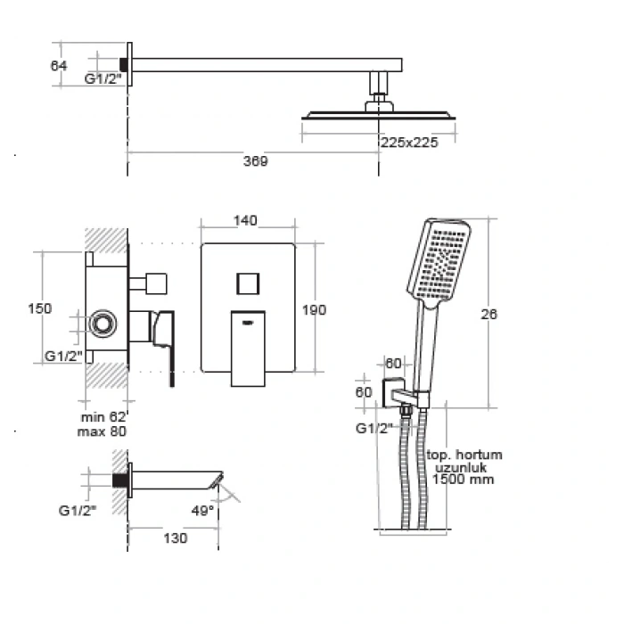 KARE - ANKASTRE BANYO SETİ 3 YOLLU GOLD