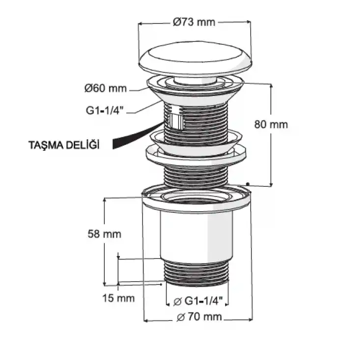 ELIXIR POP UP - SERAMİK BAŞLI PARLAK KROM (TAŞMA DELİKLİ - ABS GÖVDE)