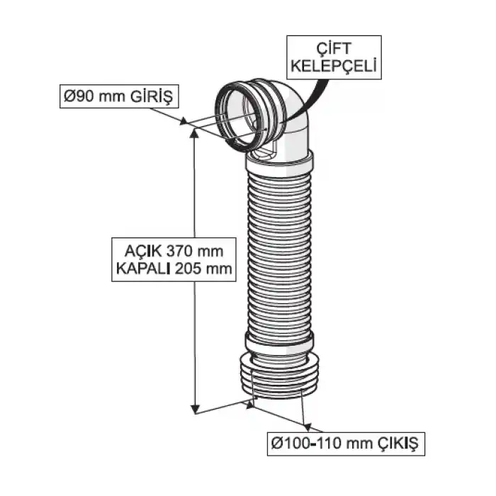 GÖMME REZERVUAR ÇİFT KELEPÇELİ KÖRÜKLÜ PİS SU ÇIKIŞ DİRSEĞİ (Q90X370 mm)
