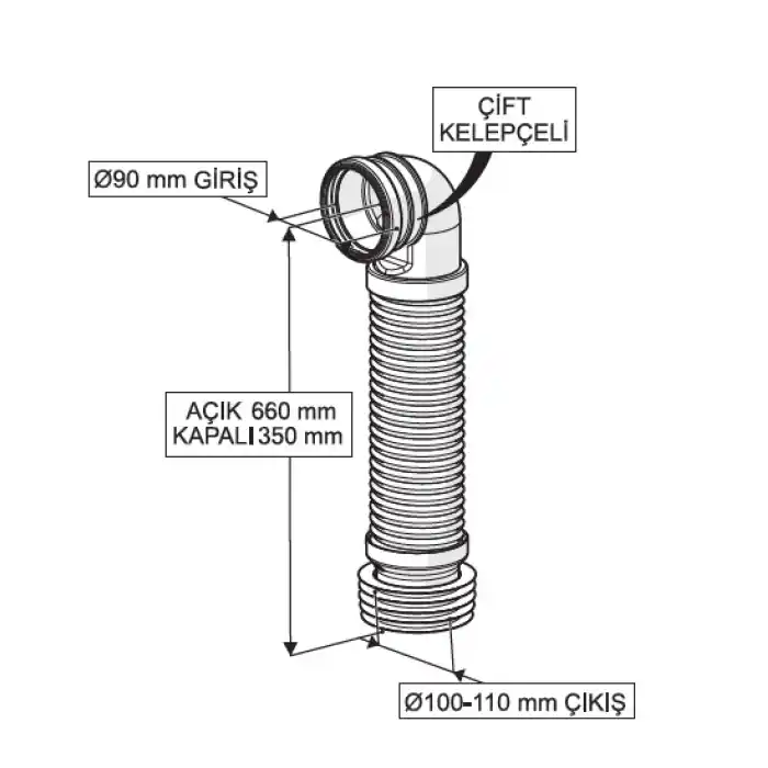GÖMME REZERVUAR ÇİFT KELEPÇELİ KÖRÜKLÜ PİS SU ÇIKIŞ DİRSEĞİ (Q90X660 mm)