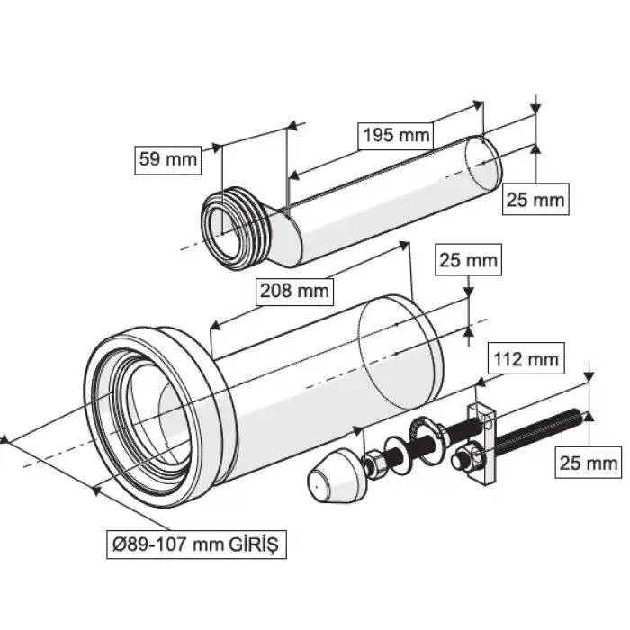 GÖMME REZERVUAR EKSANTRİK ASMA KLOZET MONTAJ KİTİ - 25 mm KAÇIK