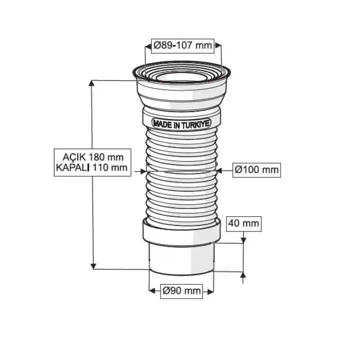 GÖMME REZERVUAR KÖRÜKLÜ PİS SU ÇIKIŞ BORUSU (Q90 X 180 mm)