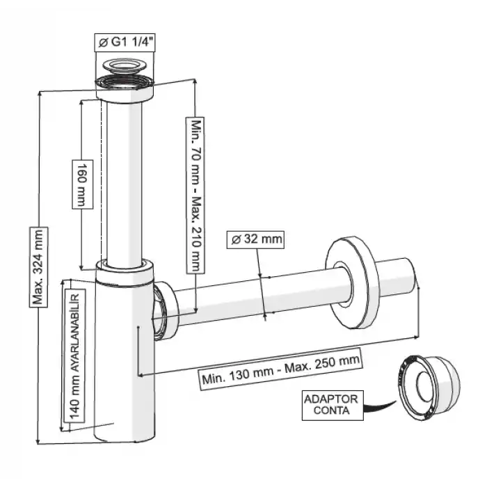MOON AYARLANABİLİR SİFON - MAT SİYAH - ABS (MAX. 250 mm)