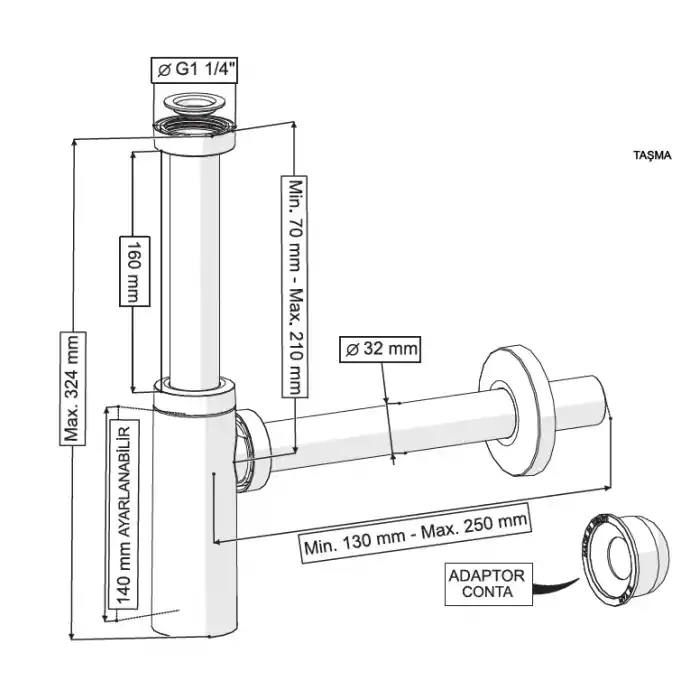 MOON MAT SİYAH SİFON - ELİXİR PUP UPLI - (TAŞMA DELİKSİZ) (MAX. 250 mm)