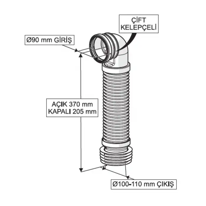 GÖMME REZERVUAR ÇİFT KELEPÇELİ KÖRÜKLÜ PİS SU ÇIKIŞ DİRSEĞİ (Q90X370 mm)