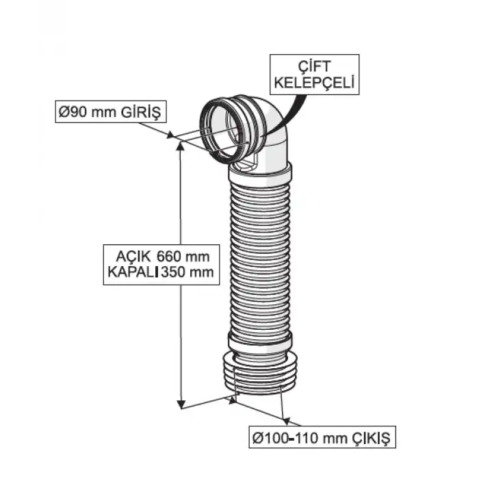 GÖMME REZERVUAR ÇİFT KELEPÇELİ KÖRÜKLÜ PİS SU ÇIKIŞ DİRSEĞİ (Q90X660 mm)