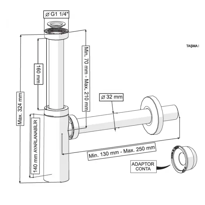 MOON PARLAK ALTIN SİFON - ELİXİR PUP UPLI - (TAŞMA DELİKSİZ) (MAX. 250 mm)