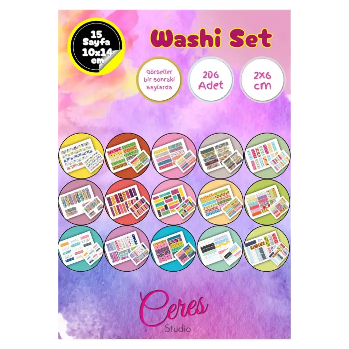 15 Sayfa 206 Adet Washi Tape Etiket Sticker Set (9x13cm 15 Sayfa Toplam 206 Bant)