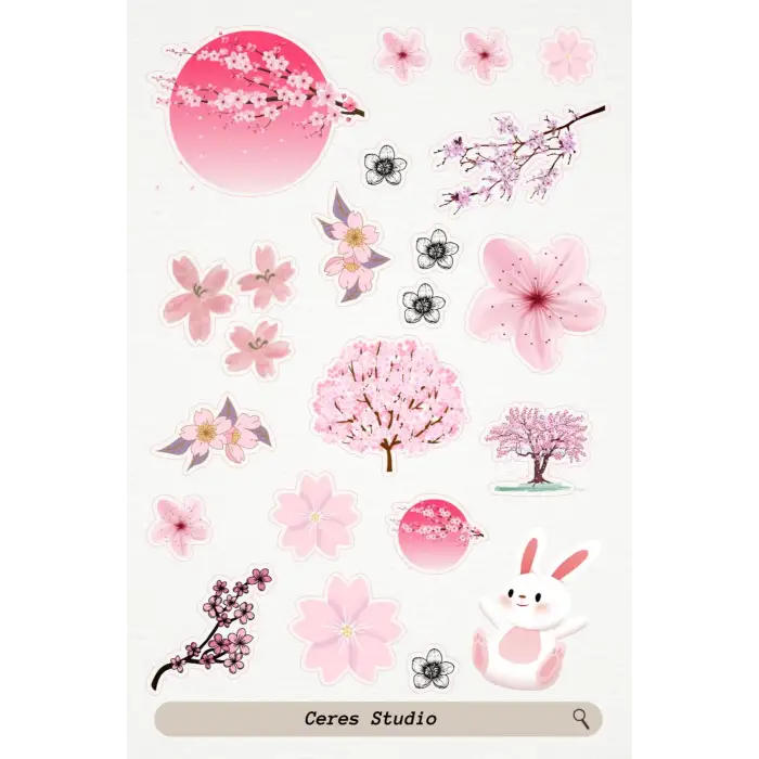 Sakura Pembe Tema Sticker Etiket 4 Sayfa 87 Adet Etiket - Pembe