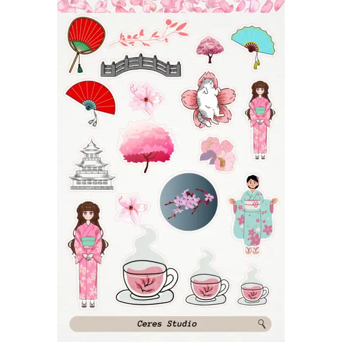 Sakura Pembe Tema Sticker Etiket 4 Sayfa 87 Adet Etiket - Pembe