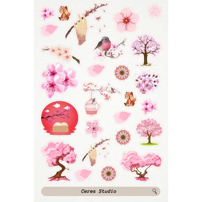 Sakura Pembe Tema Sticker Etiket 4 Sayfa 87 Adet Etiket - Pembe