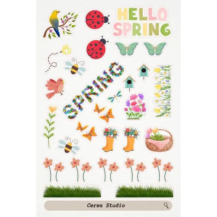 Hello Spring Merhaba Ilkbahar Tema Sticker Etiket 2 Sayfa (13X19CM) 72 Adet Etiket