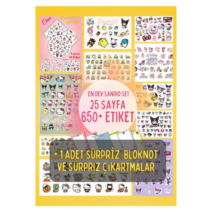 En Dev Sanrio Sticker Set Hello Kitty Kuromi 25 Syf 650+ Etiket + 1 Bloknot (bullet Journal)