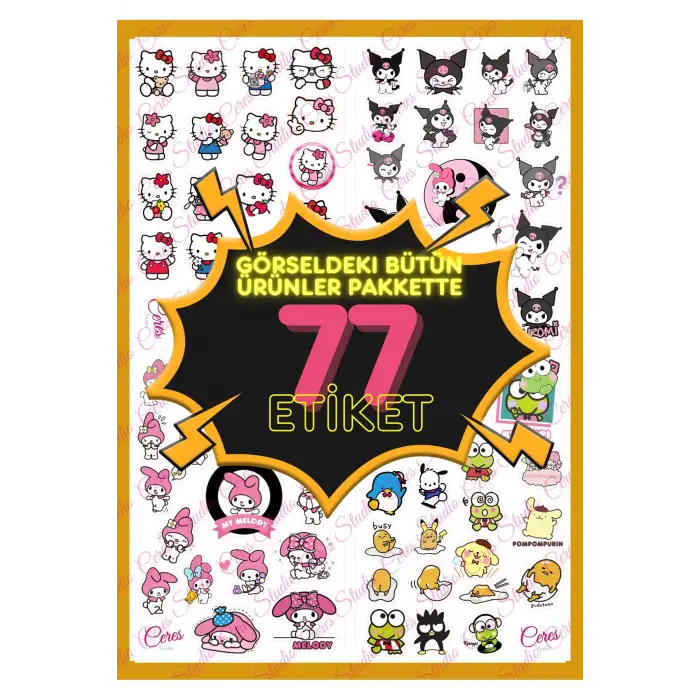 Hello Kitty Ve Arkadaşları Kuromi My Melody Cinnamoroll 77 Etiket Bullet Journal Telefon Sticker